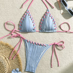 Textured Cream String Bikini with Braided Contrast Border Trim