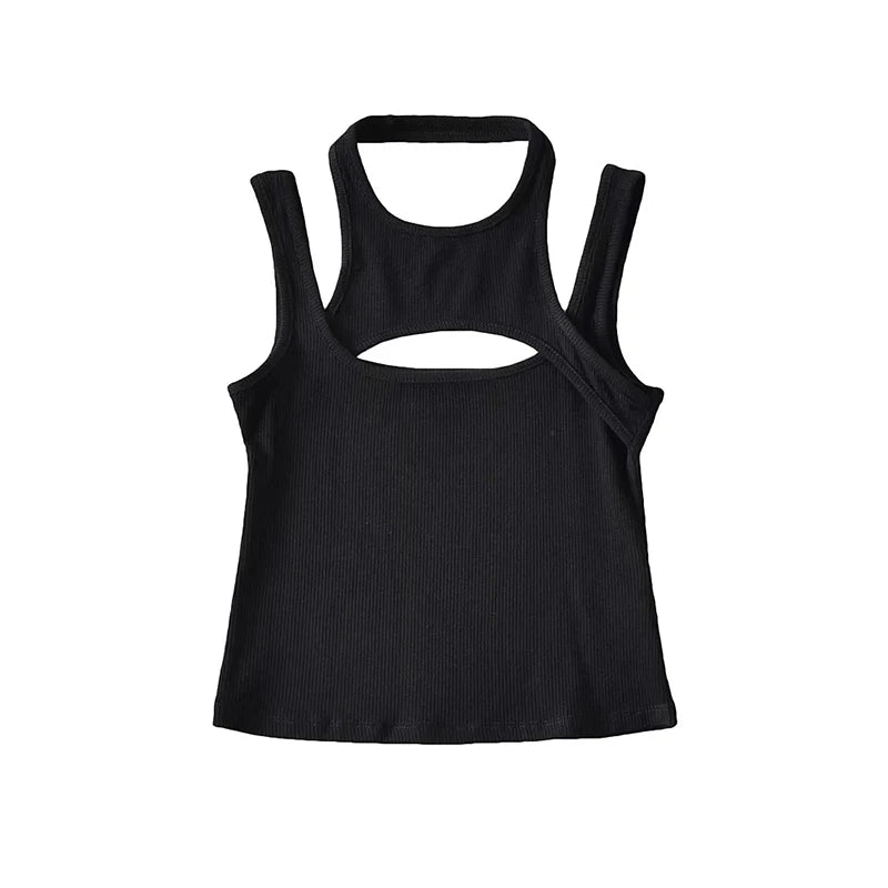 Asymmetrical Cut-Out Ribbed Tank Top with Sleeveless Slim Fit Streetwear Design