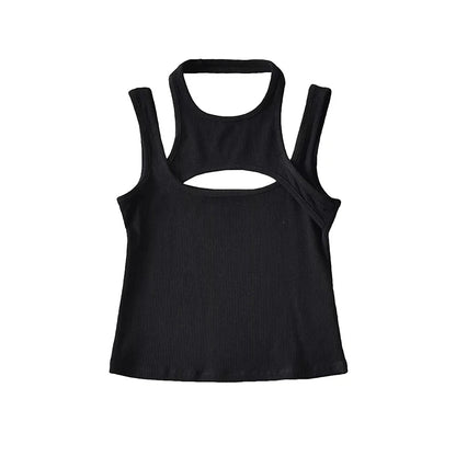 Asymmetrical Cut-Out Ribbed Tank Top with Sleeveless Slim Fit Streetwear Design