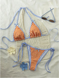 Orange Gingham Triangle String Bikini with Light Blue Contrast Trim