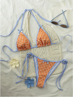 Orange Gingham Triangle String Bikini with Light Blue Contrast Trim