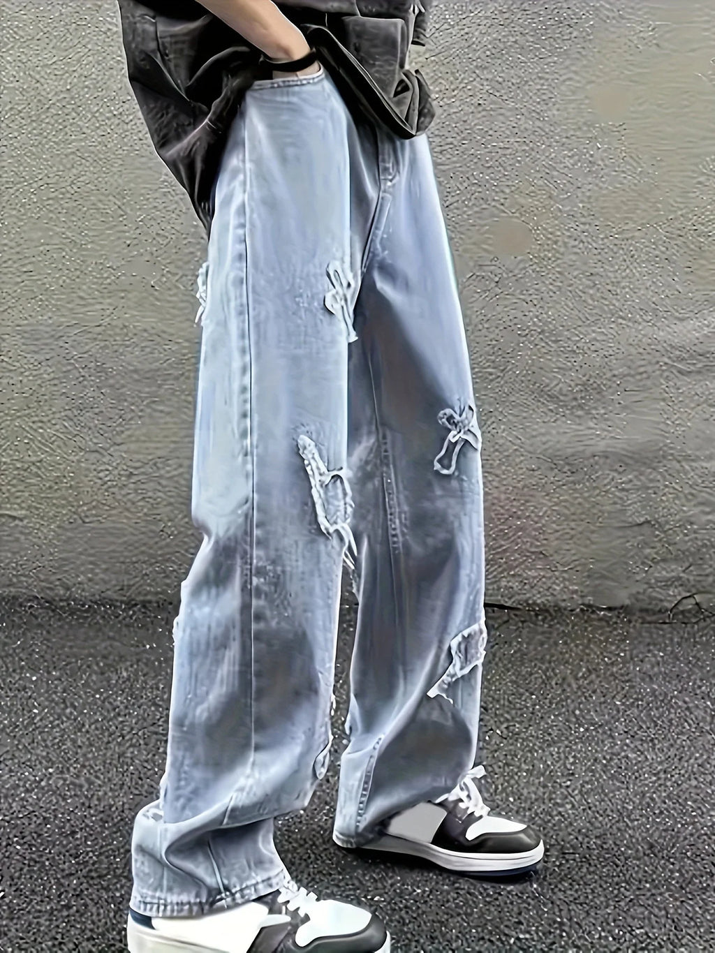 Men's Straight Leg Denim Jeans with Decorative Embroidery Distressed Detail Casual Streetwear Style