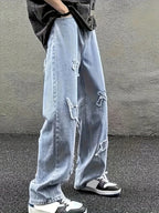 Men's Straight Leg Denim Jeans with Decorative Embroidery Distressed Detail Casual Streetwear Style