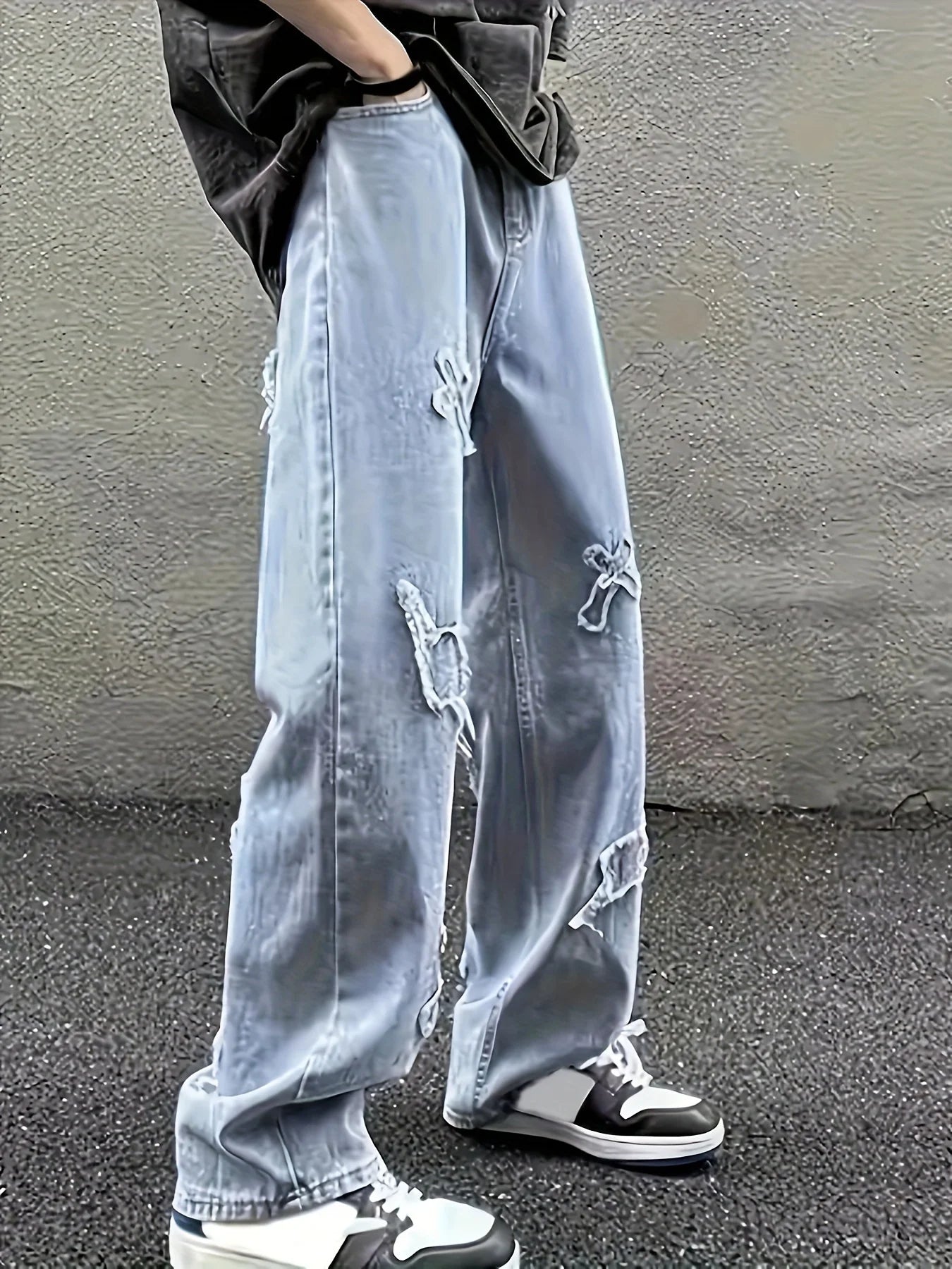 Men's Straight Leg Denim Jeans with Decorative Embroidery Distressed Detail Casual Streetwear Style