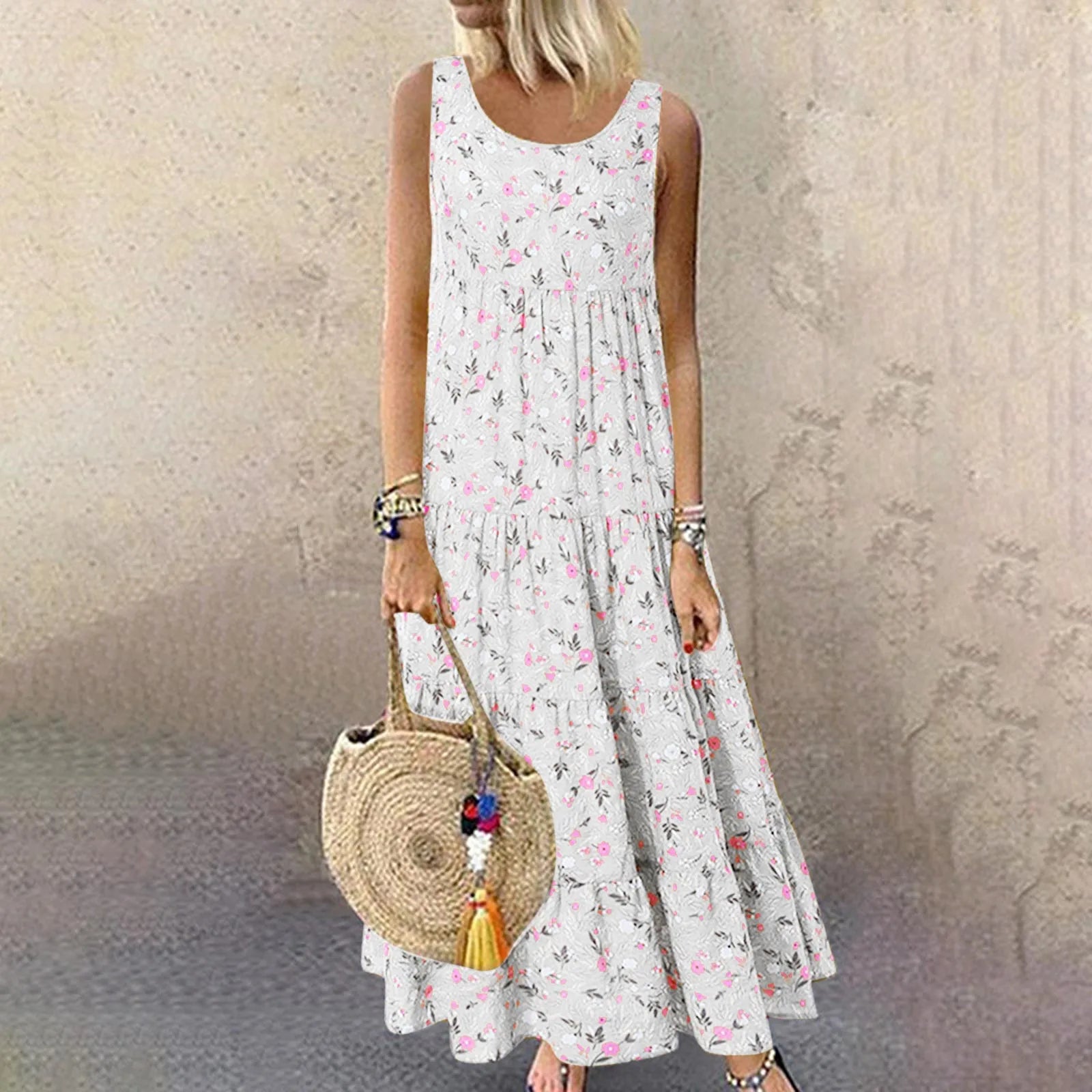 Sleeveless Floral Maxi Tank Dress with Relaxed Vintage-Inspired Silhouette