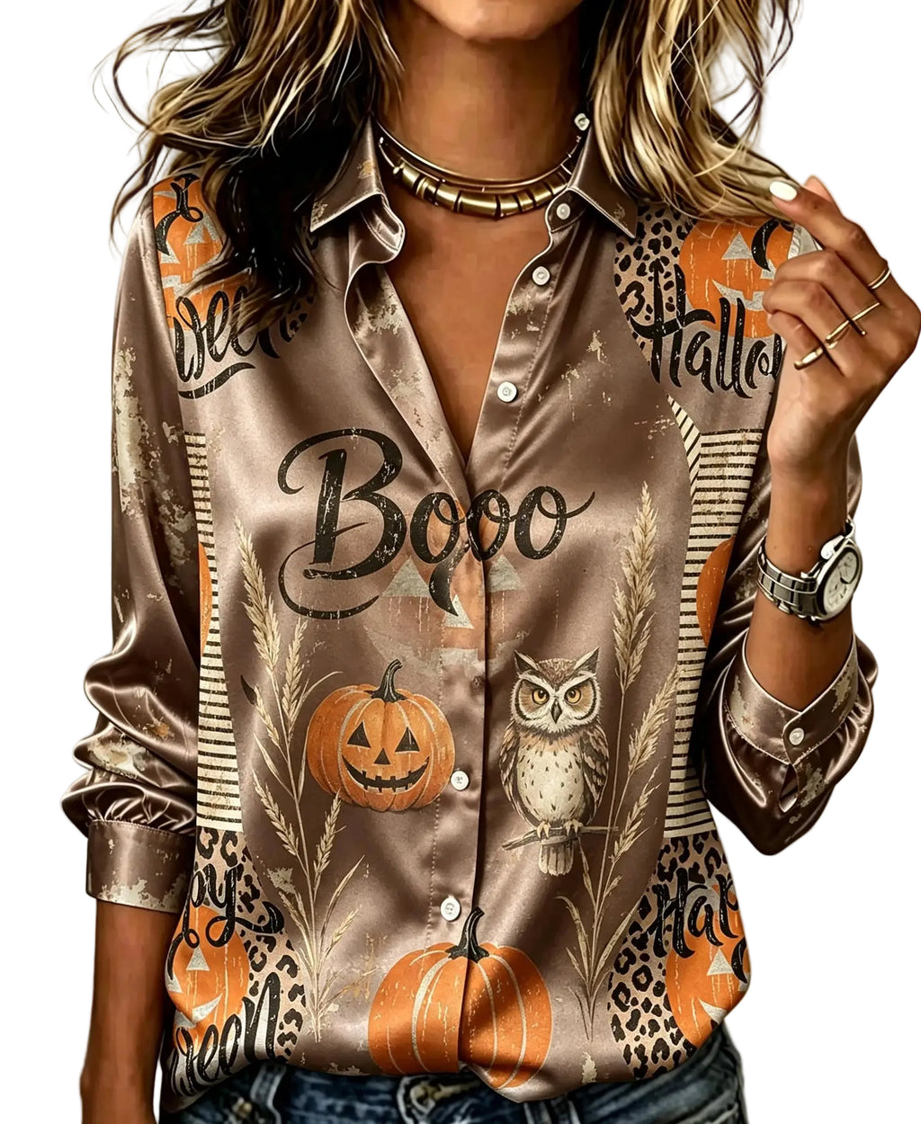 Festive Halloween Graphic Print Satin-Finish Button-Down Blouse