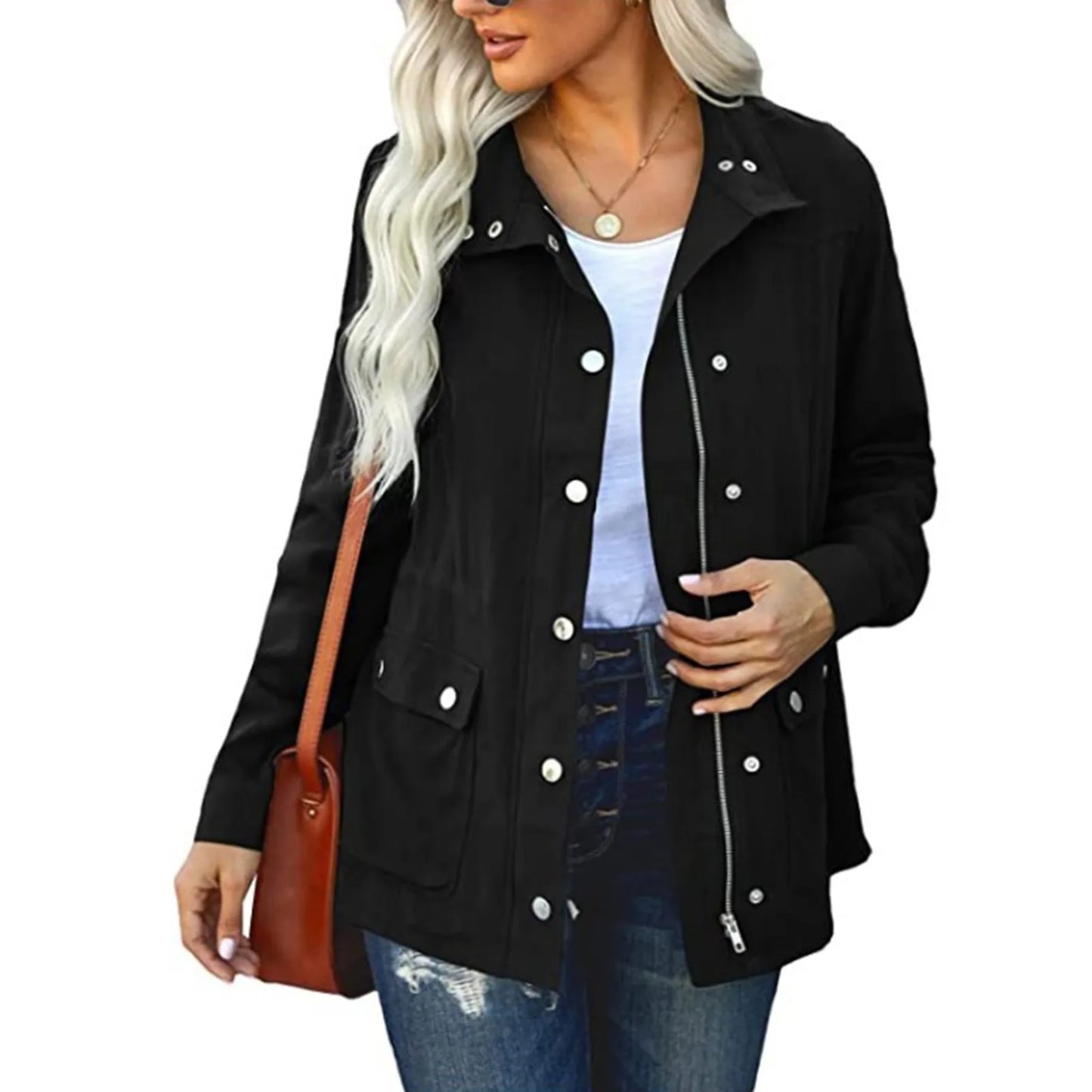 Women's Utility Style Button Front Jacket with Relaxed Everyday Casual Streetwear Fit