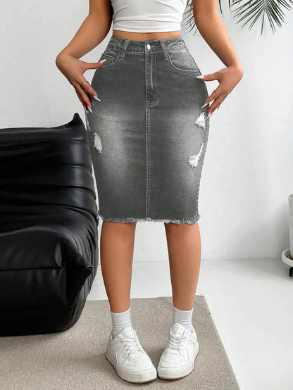 Distressed Stretch Denim Pencil Skirt with Frayed Hem Streetwear Styling