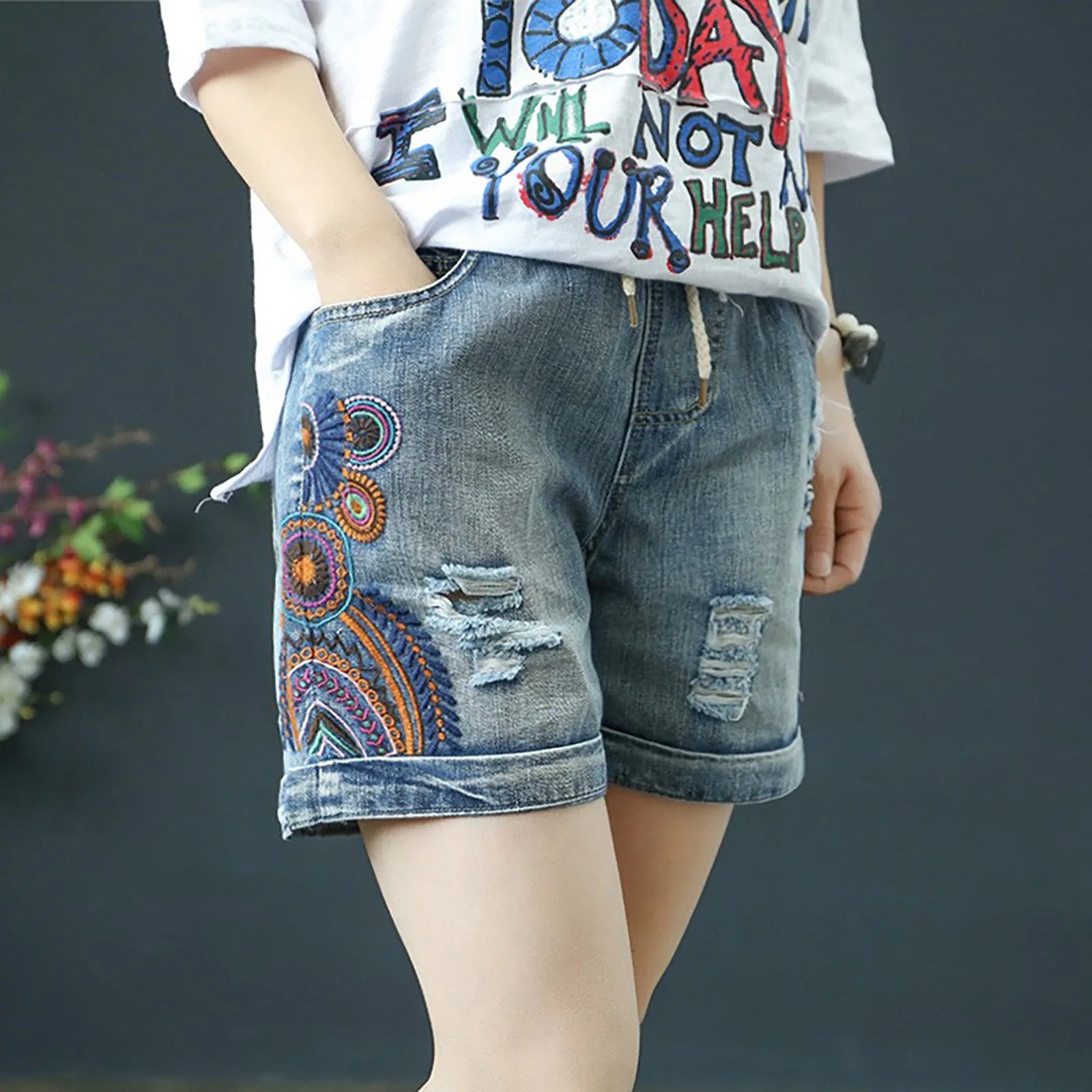 Women's Relaxed Denim Shorts with Drawstring Waist Embroidered Details and Casual Wide Leg Fit