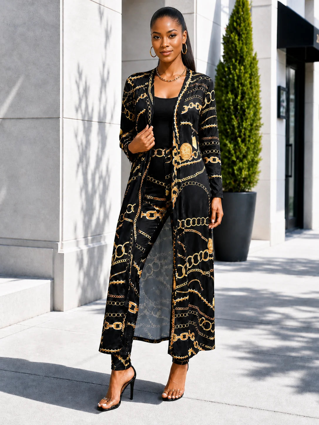 Women's Printed Longline Cardigan and Slim Pants Co-Ord Set
