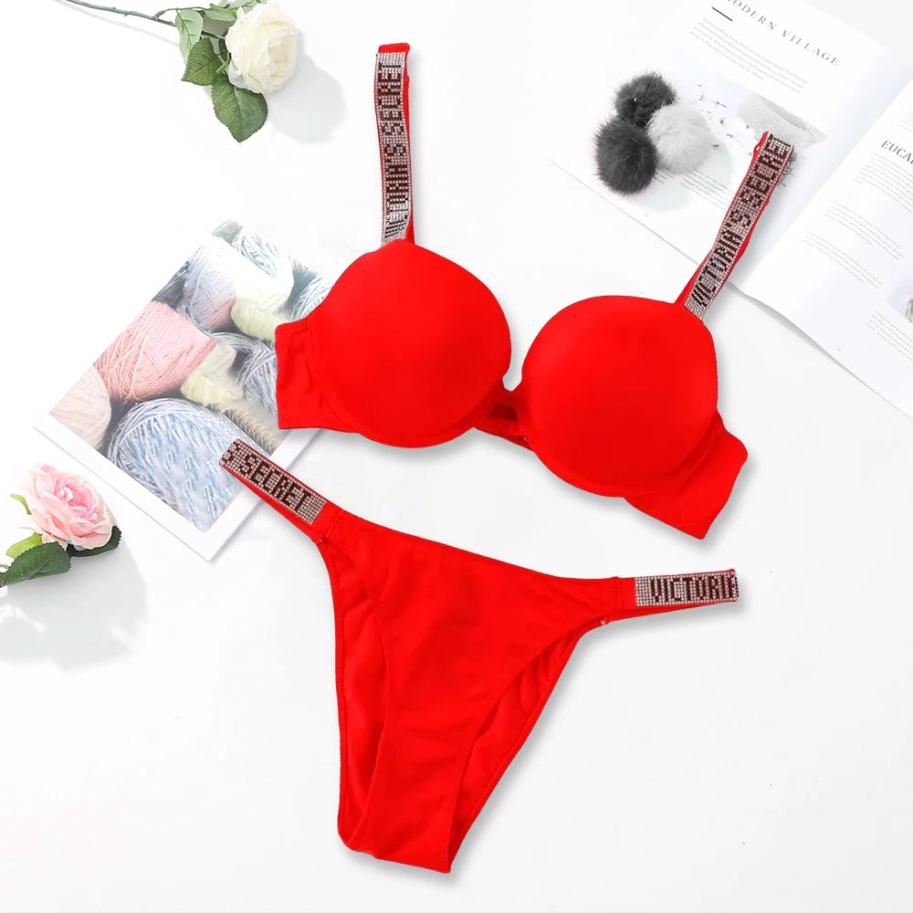 Sleek Minimalist Contour Underwire Bra and Thong Set with Crystal-Embellished Straps