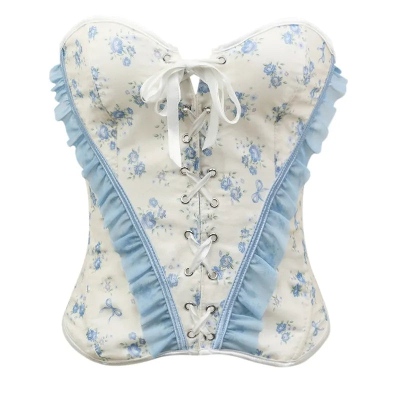 Blue and White Floral Strapless Corset with Ruffled Edging and Front Lace-Up