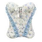Blue and White Floral Strapless Corset with Ruffled Edging and Front Lace-Up