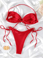 Rich Crimson Red Halter Bikini Set with Underwire Support and Side Ties