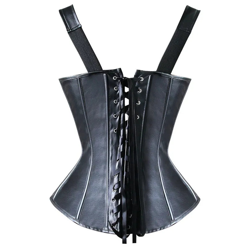 Faux Leather Buckle Front Corset Vest with Structured Boning and Straps