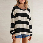 Women's Relaxed Striped Knit Pullover with Long Sleeves for Casual Everyday Streetwear Style