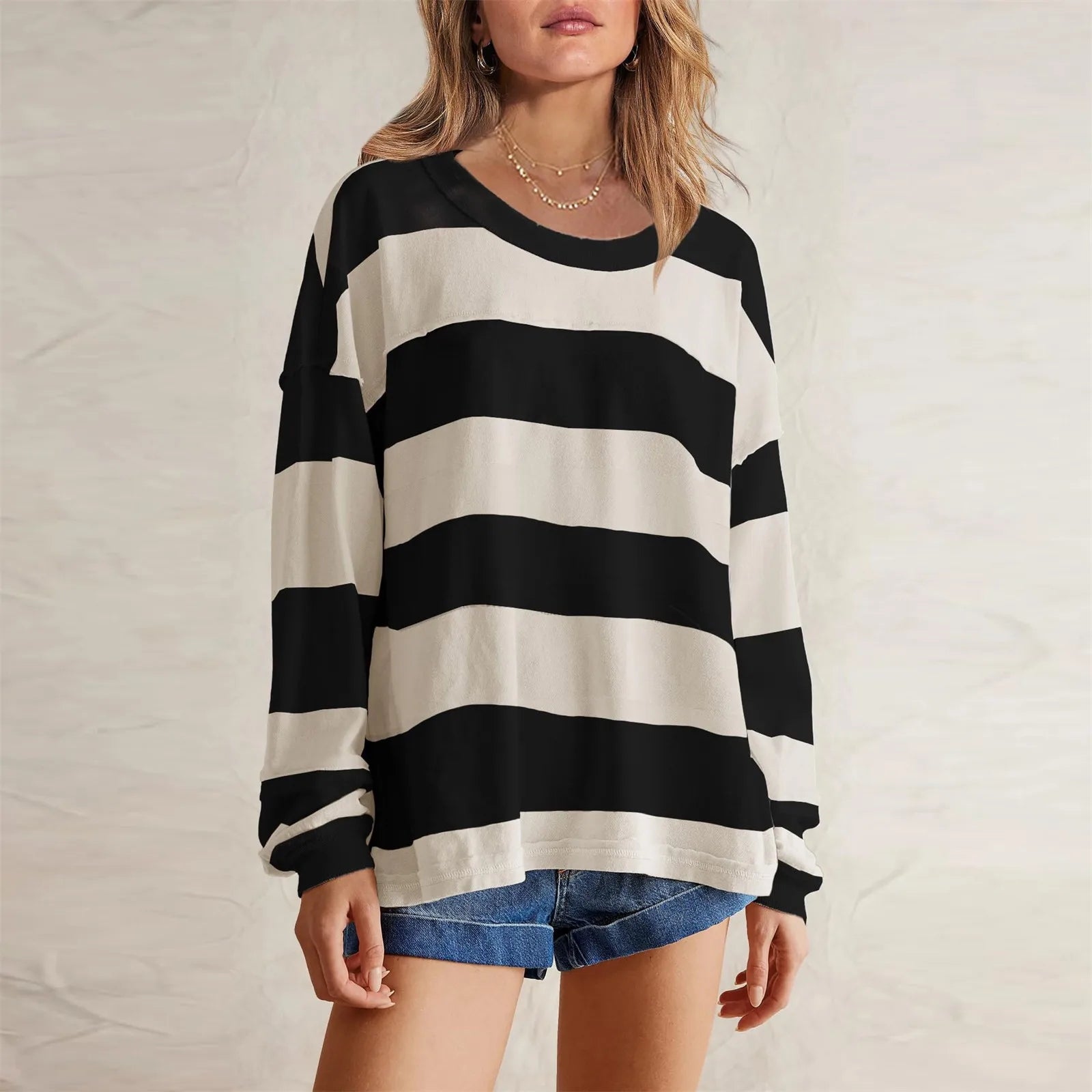 Women's Relaxed Striped Knit Pullover with Long Sleeves for Casual Everyday Streetwear Style