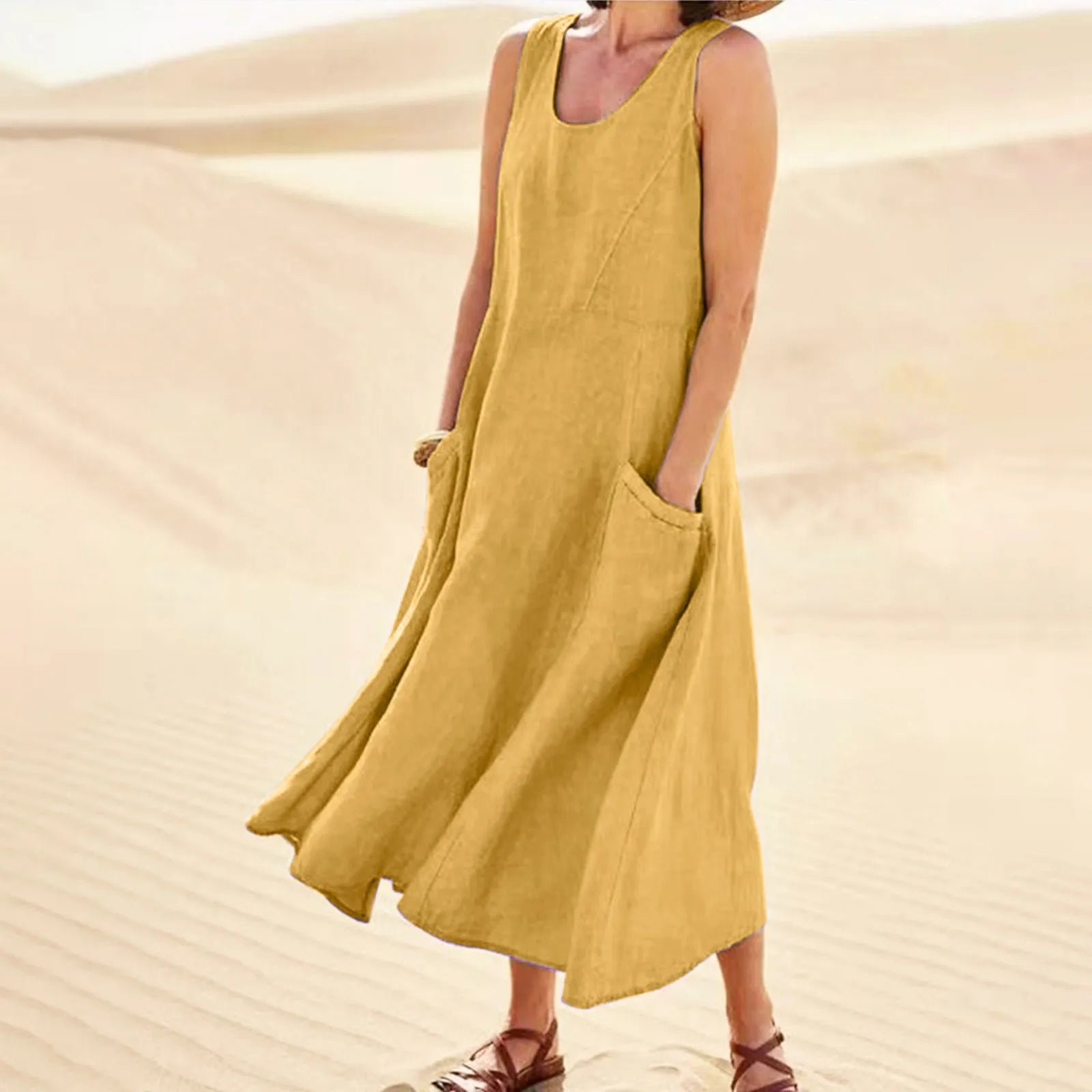 Relaxed Sleeveless Tank Maxi Dress with Pockets and Flowy Silhouette