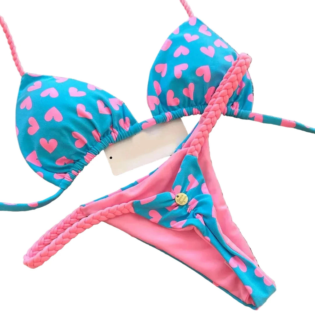 Playful Heart Print Triangle Bikini Set with Braided Pink Strap Detailing