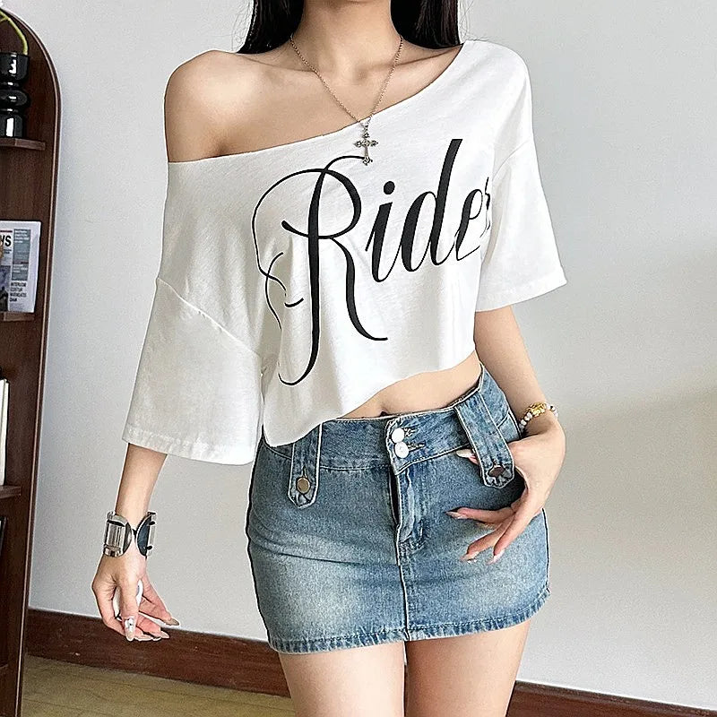 Women's Asymmetric Off Shoulder Graphic Crop T-Shirt for Contemporary Streetwear Casual Fashion Style
