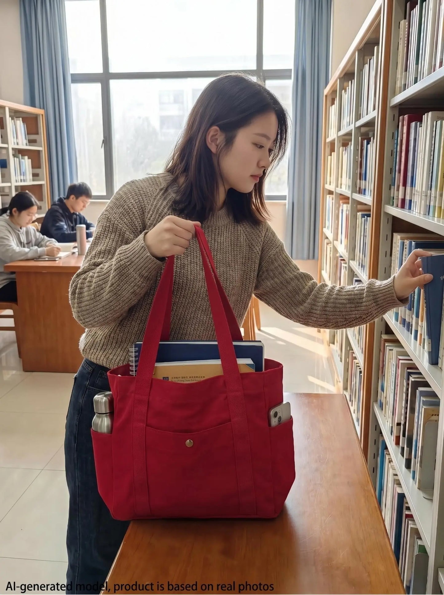 Multi Pocket Canvas Tote Shoulder Bag with Zip Closure Design