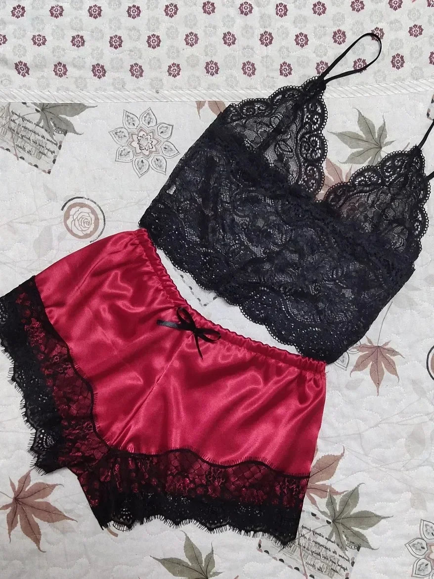 Women's Lace-Trim Silk-Look Crop Top and Shorts Pajama Set, Sleeveless Two-Piece Loungewear with Feminine Nightwear Styling