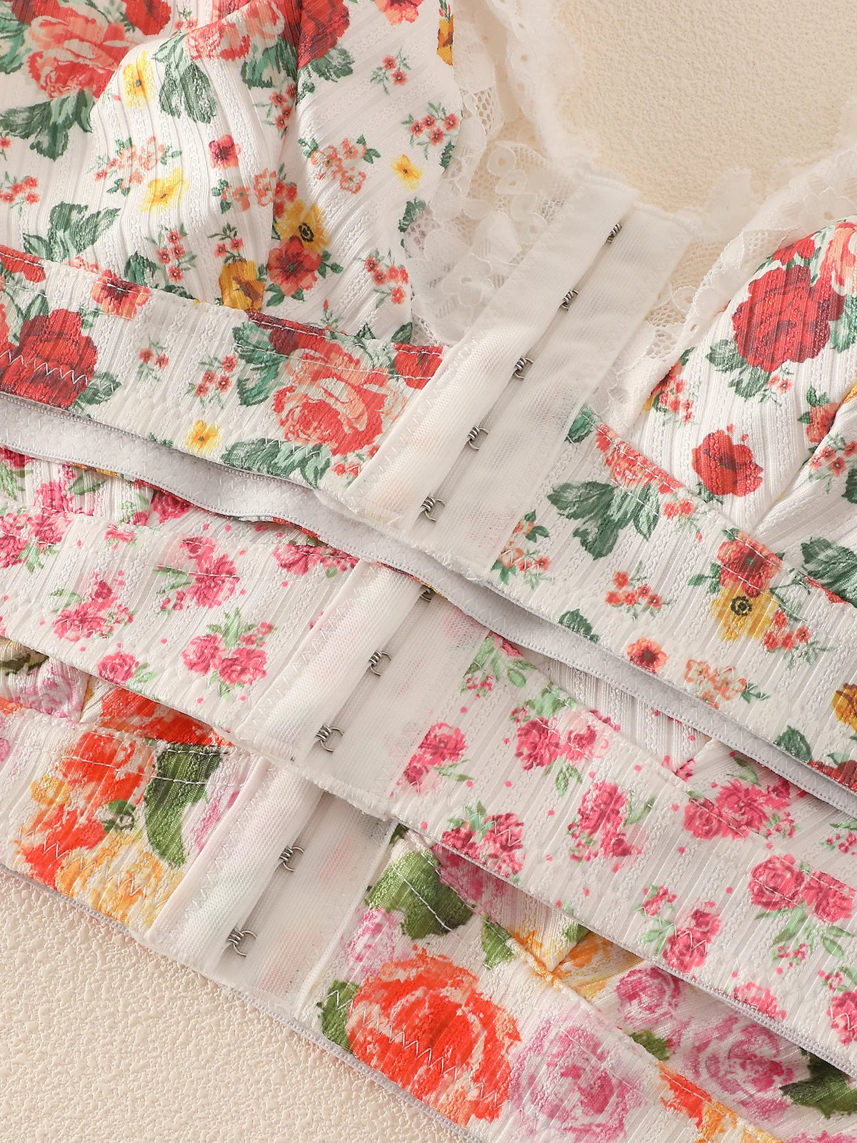 Romantic Floral Print Wire-Free Bralette and Thong Three-Piece Collection