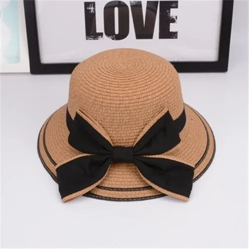 Women's Woven Straw Bucket Sun Hat with Decorative Bow for Casual Summer Outdoor Style