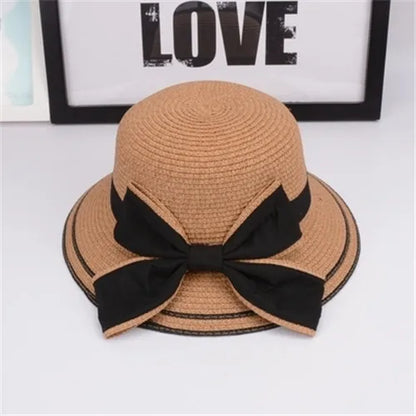 Women's Woven Straw Bucket Sun Hat with Decorative Bow for Casual Summer Outdoor Style
