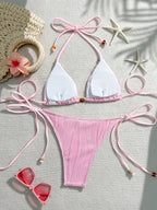Pastel Pink Textured Triangle Bikini with Woven Bead Trim