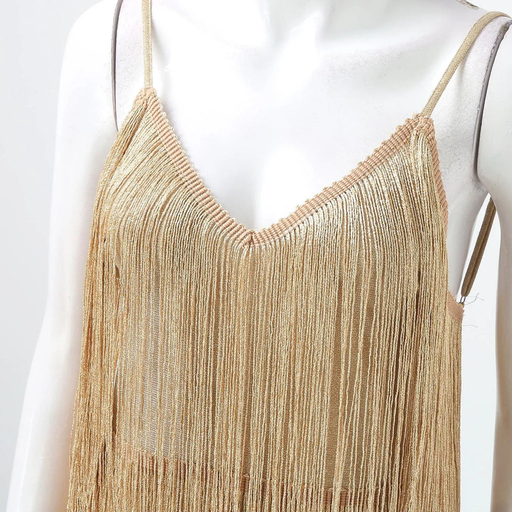 Dynamic Black Fringe Mini Dress with Plunging V-Neckline and Thin Straps