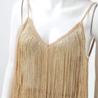 Dynamic Black Fringe Mini Dress with Plunging V-Neckline and Thin Straps
