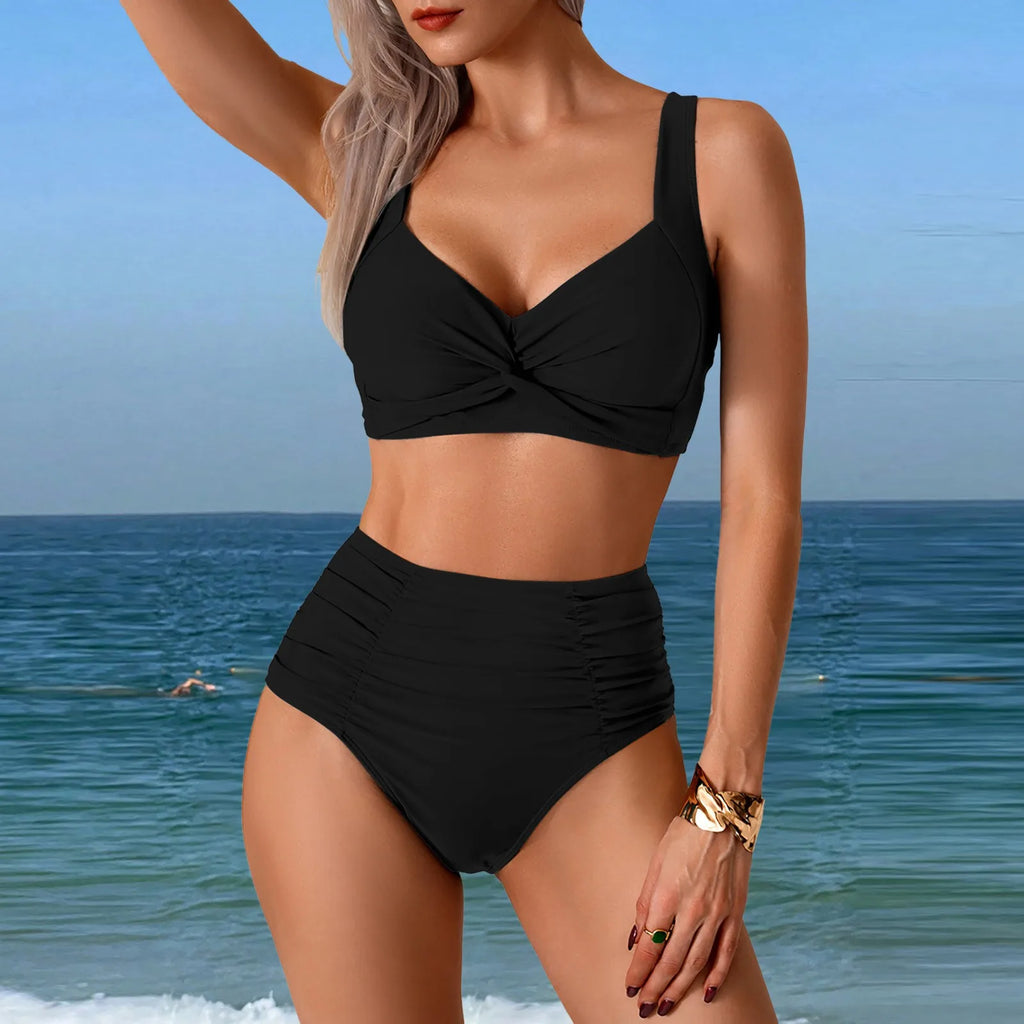 Black Ribbed-Look High-Waisted Two-Piece Bikini Set with Structured V-Neck Top and Wide Waistband