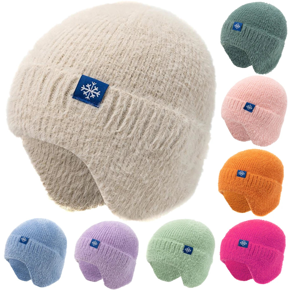 Faux Fur Trim Acrylic Knit Beanie with Ear Flaps for Cozy Winter Streetwear Style