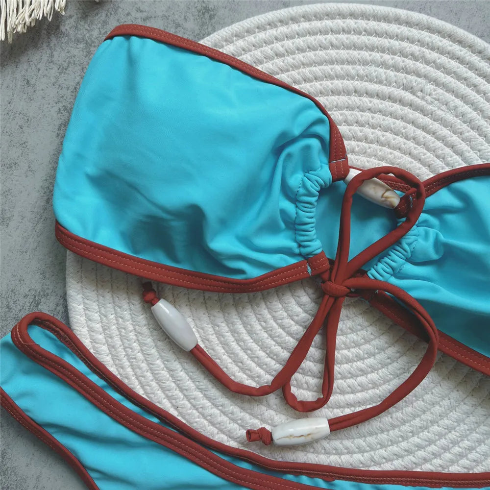 Bright Blue Bandeau Bikini with Contrast Trim and Front Drawstring Detail
