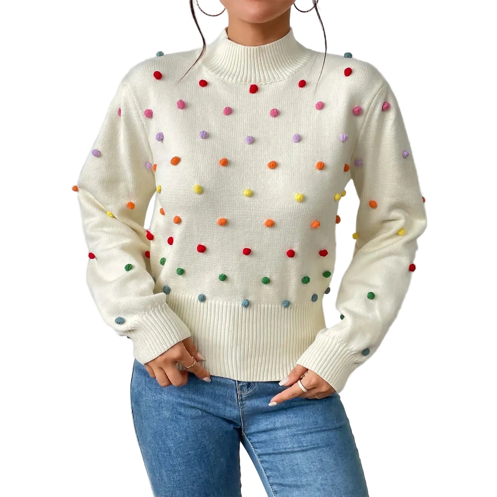 Women's Polka Dot Textured Knit Relaxed Fit Contemporary Sweater Pullover