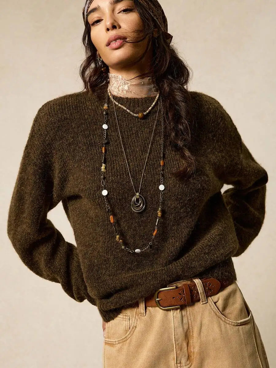 Women's Mock Neck Drop Shoulder Knit Sweater with Relaxed Oversized Silhouette