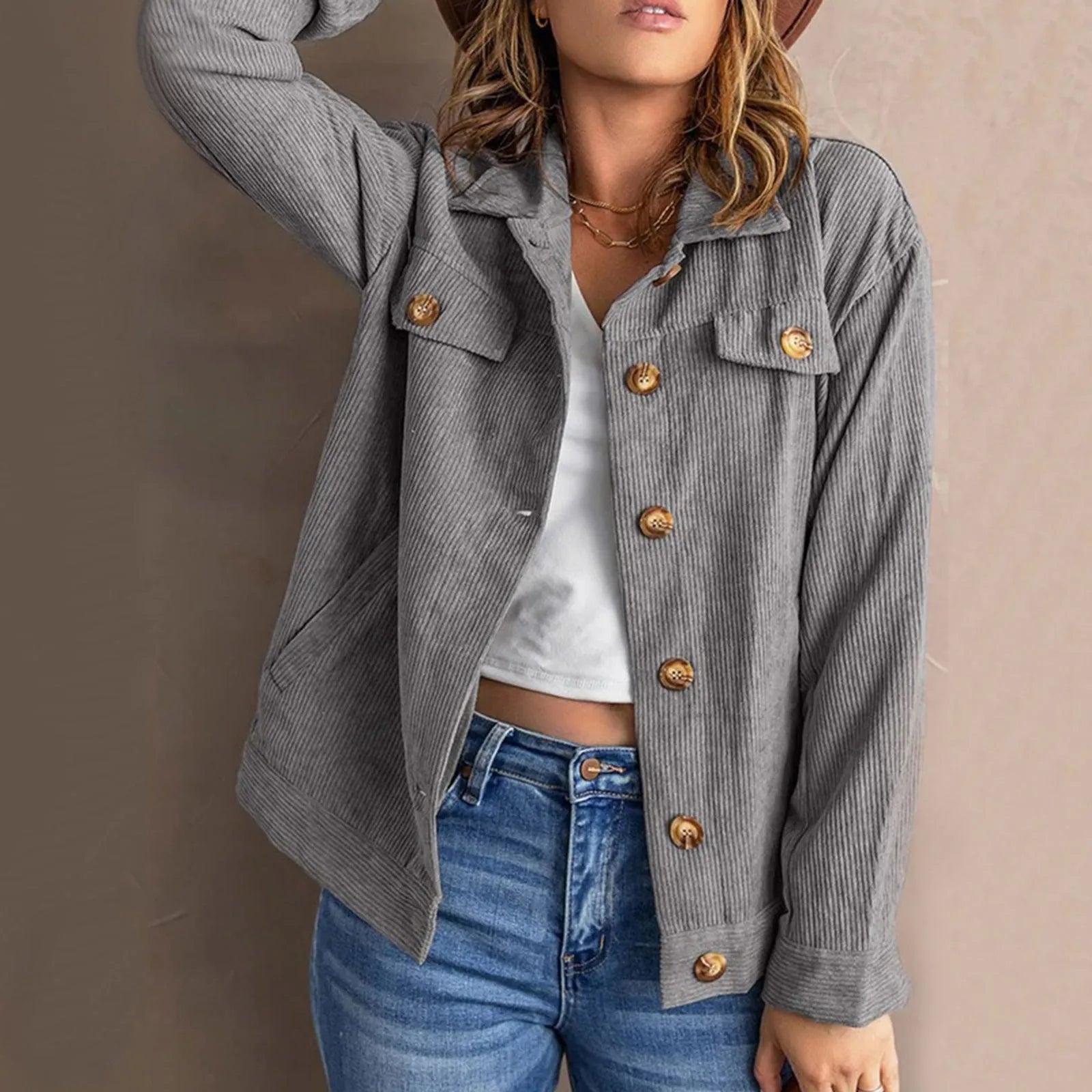 Women's Corduroy Textured Button-Up Jacket Relaxed Casual Streetwear Utility Overshirt