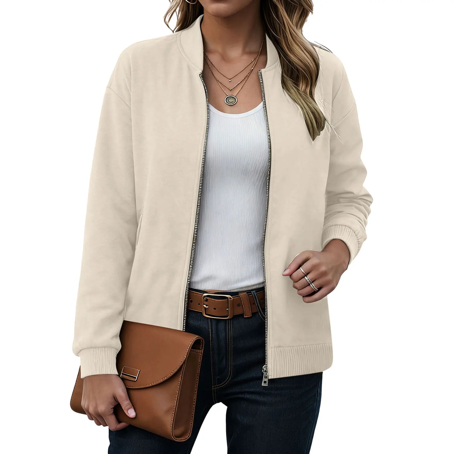 Women's Minimalist Zip Front Faux Suede Bomber Jacket for Contemporary Streetwear
