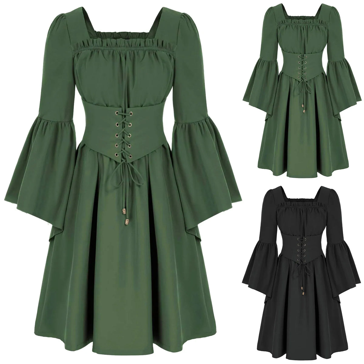 Gothic Bell Sleeve Corset Waist Mini Dress with Romantic Flair - BigCat Streetwear