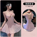 Pastel Pink Halter-Neck Flared Mini Dress with Daring Cutout Bodice