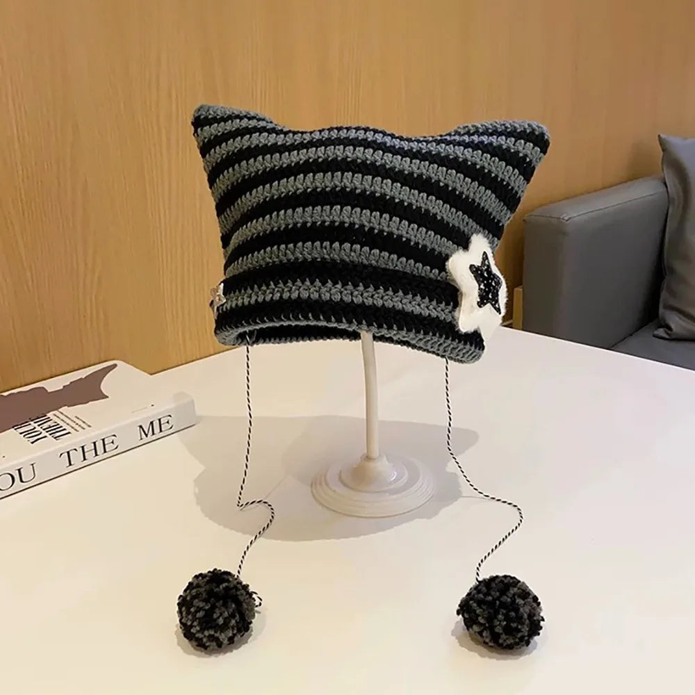 Striped Pointed Knit Beanie with Ear Accents for Playful Streetwear Winter Fashion Style