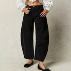Women's Mid Rise Barrel Leg Cropped Denim Jeans with Relaxed Wide Leg Silhouette