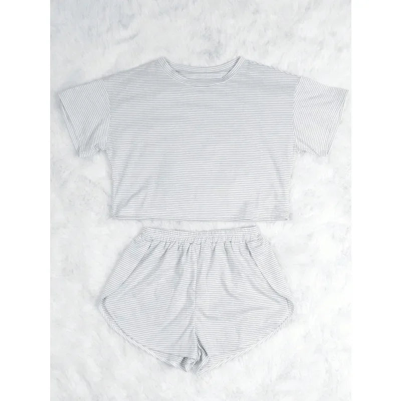 Women's Striped Knit Lounge Co-Ord Set Relaxed Top and Shorts Outfit