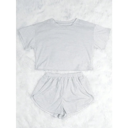 Women's Striped Knit Lounge Co-Ord Set Relaxed Top and Shorts Outfit