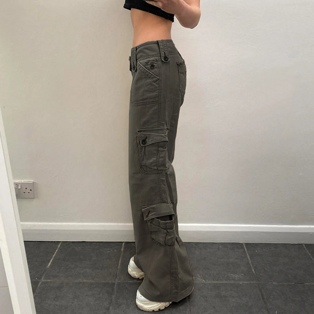 Women's Wide Leg Cargo Denim Jeans with Drawstring Waist and Relaxed Streetwear Fit