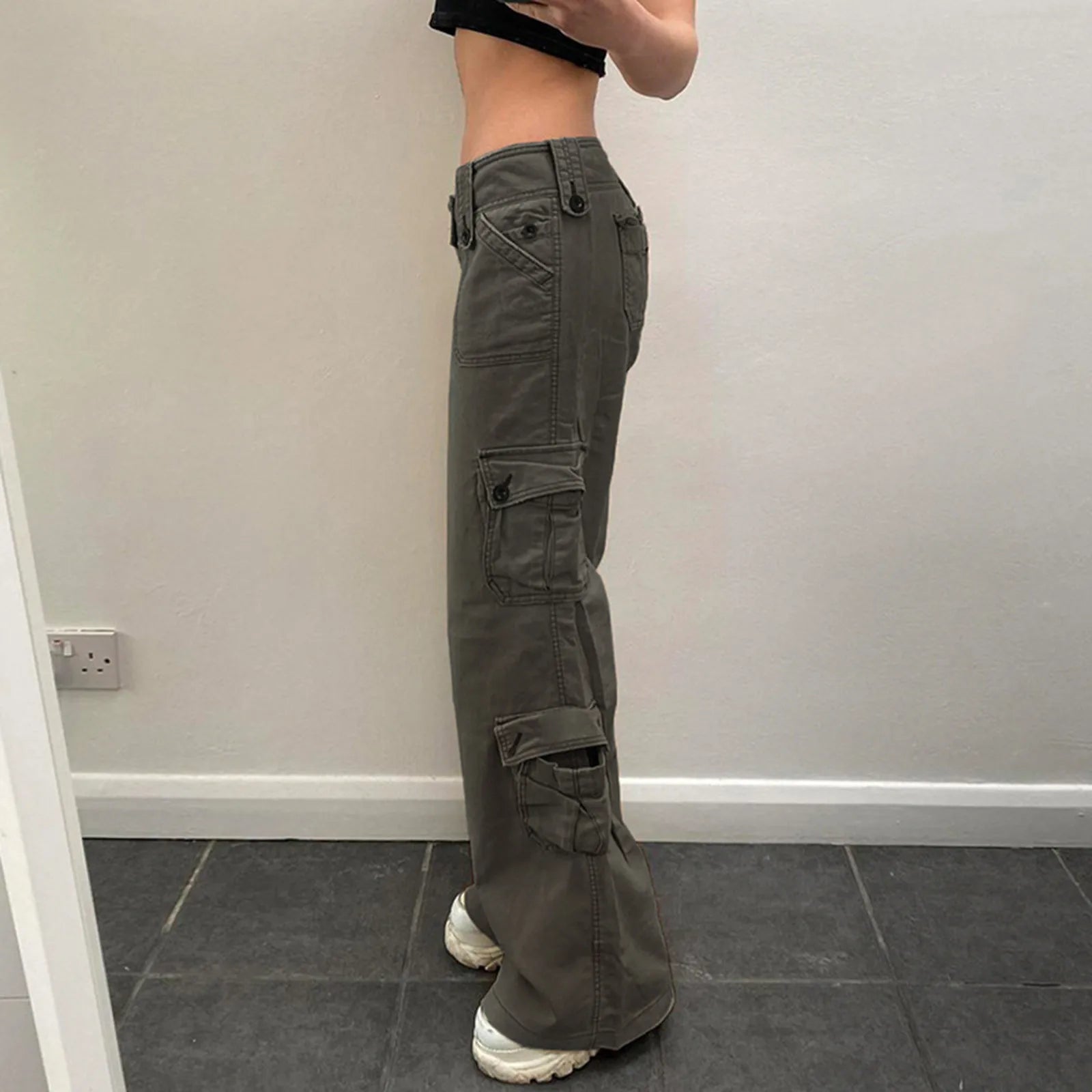 Women's Wide Leg Cargo Denim Jeans with Drawstring Waist and Relaxed Streetwear Fit