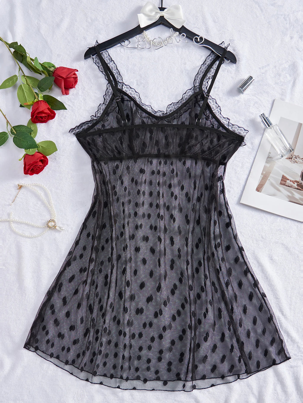 Semi-Sheer Polka Dot Mesh Babydoll Nightdress with Lace Splicing