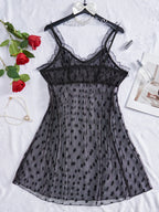 Semi-Sheer Polka Dot Mesh Babydoll Nightdress with Lace Splicing