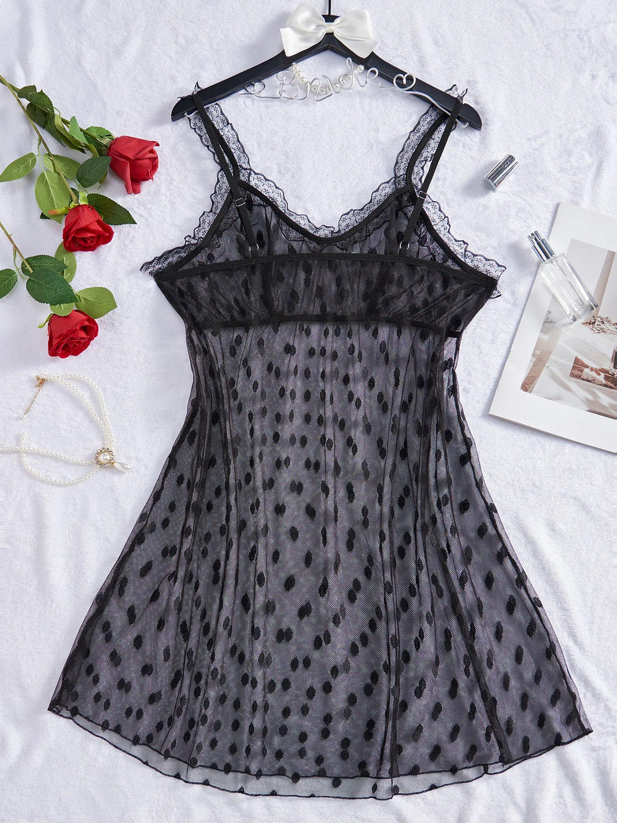 Semi-Sheer Polka Dot Mesh Babydoll Nightdress with Lace Splicing
